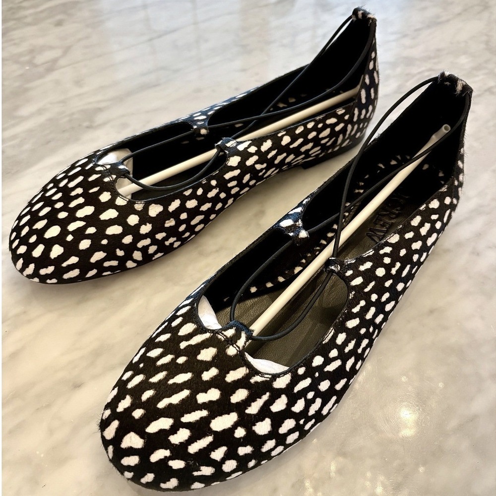 J. Crew Andi Strappy Ballet Flats Black White Printed Calf Hair New‎ in Box 9.5